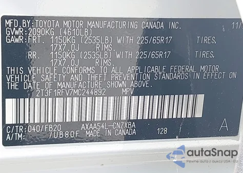 2021 Toyota Rav4 Le z USA, uszkodzony, nr VIN 2T3F1RFV7MC244892